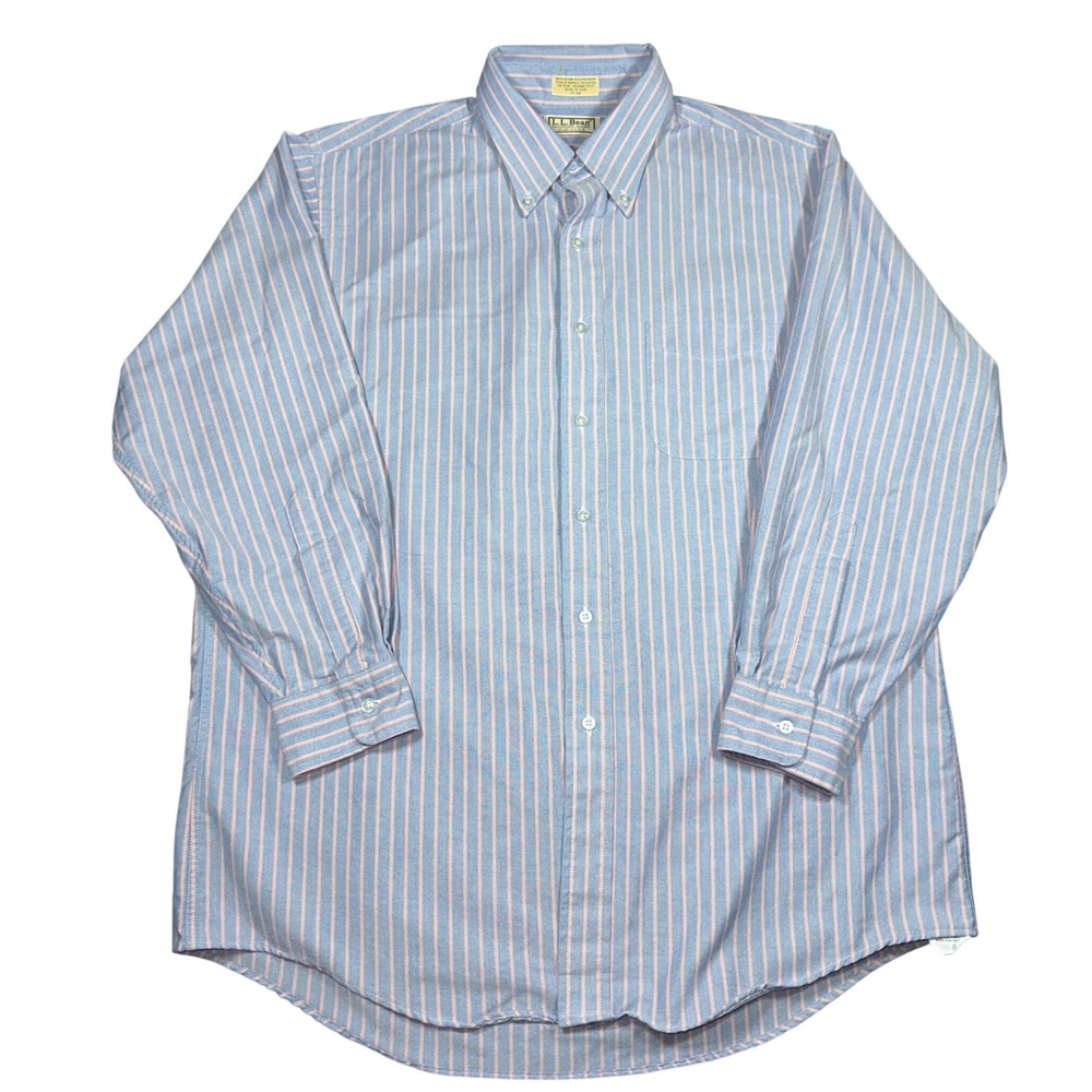 VTG L.L. Bean Oxford Shirt Mens 17-33 Blue Pink Stripe Button Down Made in USA